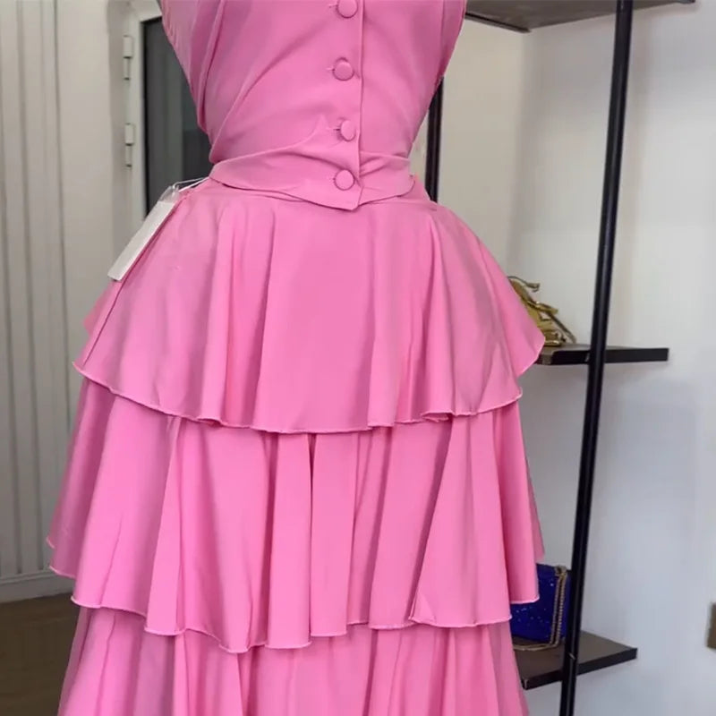 Sleeveless Vest Tops+Pleated Tiered Skirts Set