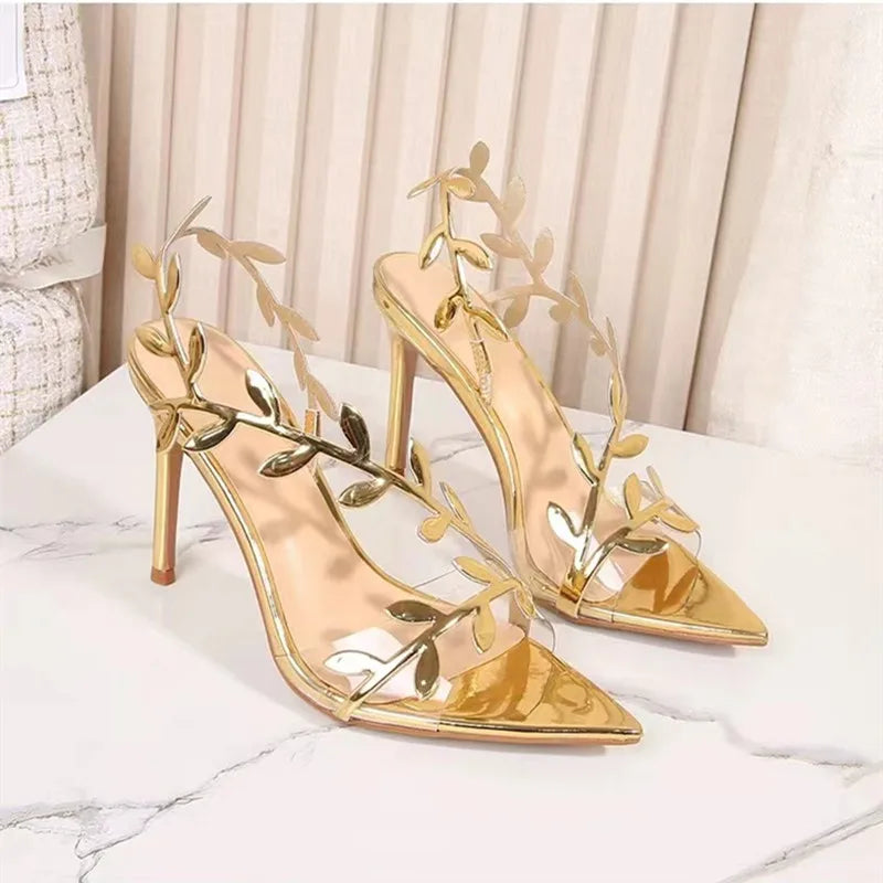 Gold Leaf Elegant Pointed Toe Thin High Heels