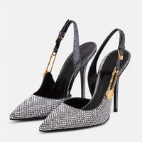 Luxury Rhinestone Sequined Buckle Pointed toe Slingback Stiletto