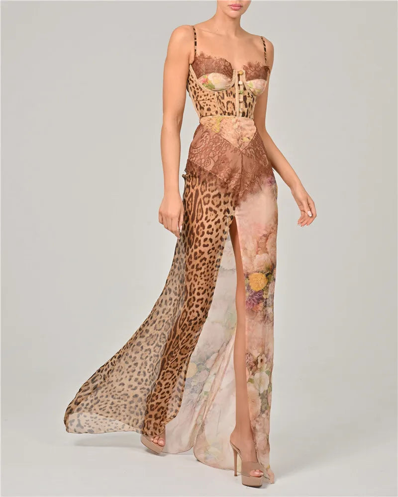 Leopard Print Lace Split Sexy Maxi Dress