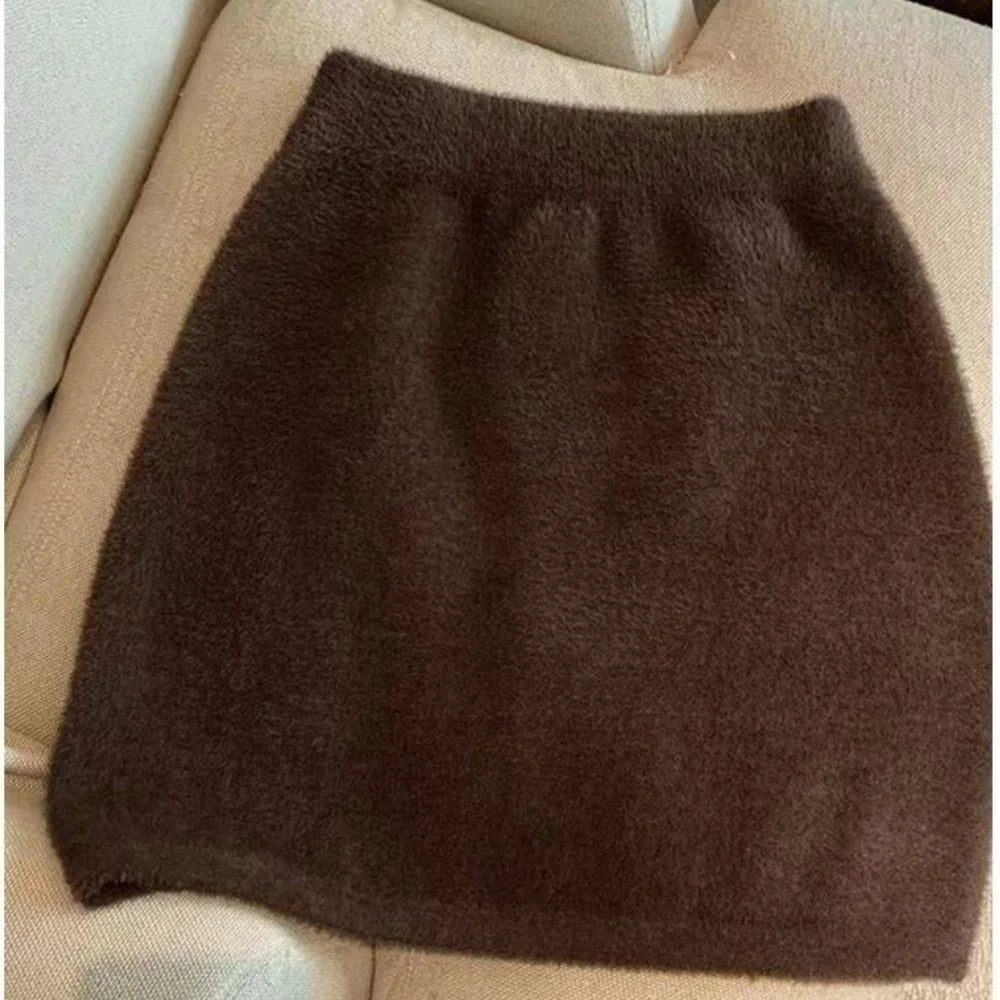 Elastic Waist Slim Imitation Mink Fur Skirt