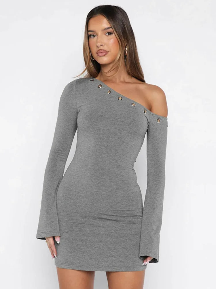 Inclined Shoulder Long Sleeve Sexy Mini Dress