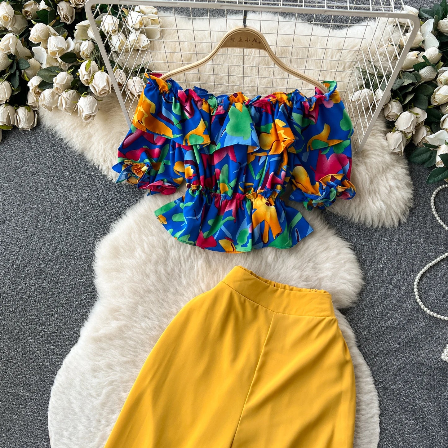 Ruffles Floral Print Elastic Waist Wide Leg Long Pants+Top Set