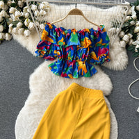 Ruffles Floral Print Elastic Waist Wide Leg Long Pants+Top Set