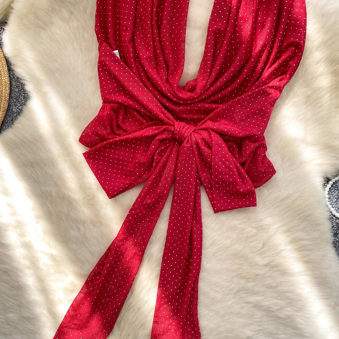 Halter Lace Up Backless Shiny Swing Collar Mesh Top