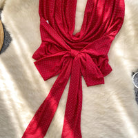 Halter Lace Up Backless Shiny Swing Collar Mesh Top