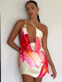 One Shoulder Backless Print Sexy Mini Dress