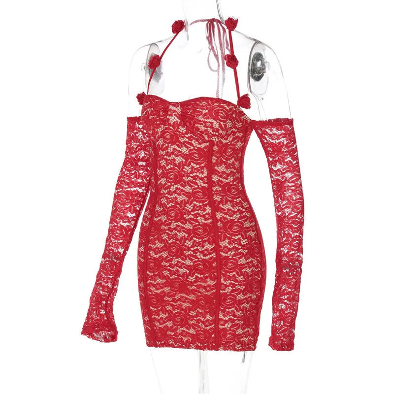 Red Lace Off-shoulder Mini Dress