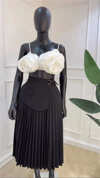 High Waist Patchwork Belt Big Swing Pleated Maxi Skirt