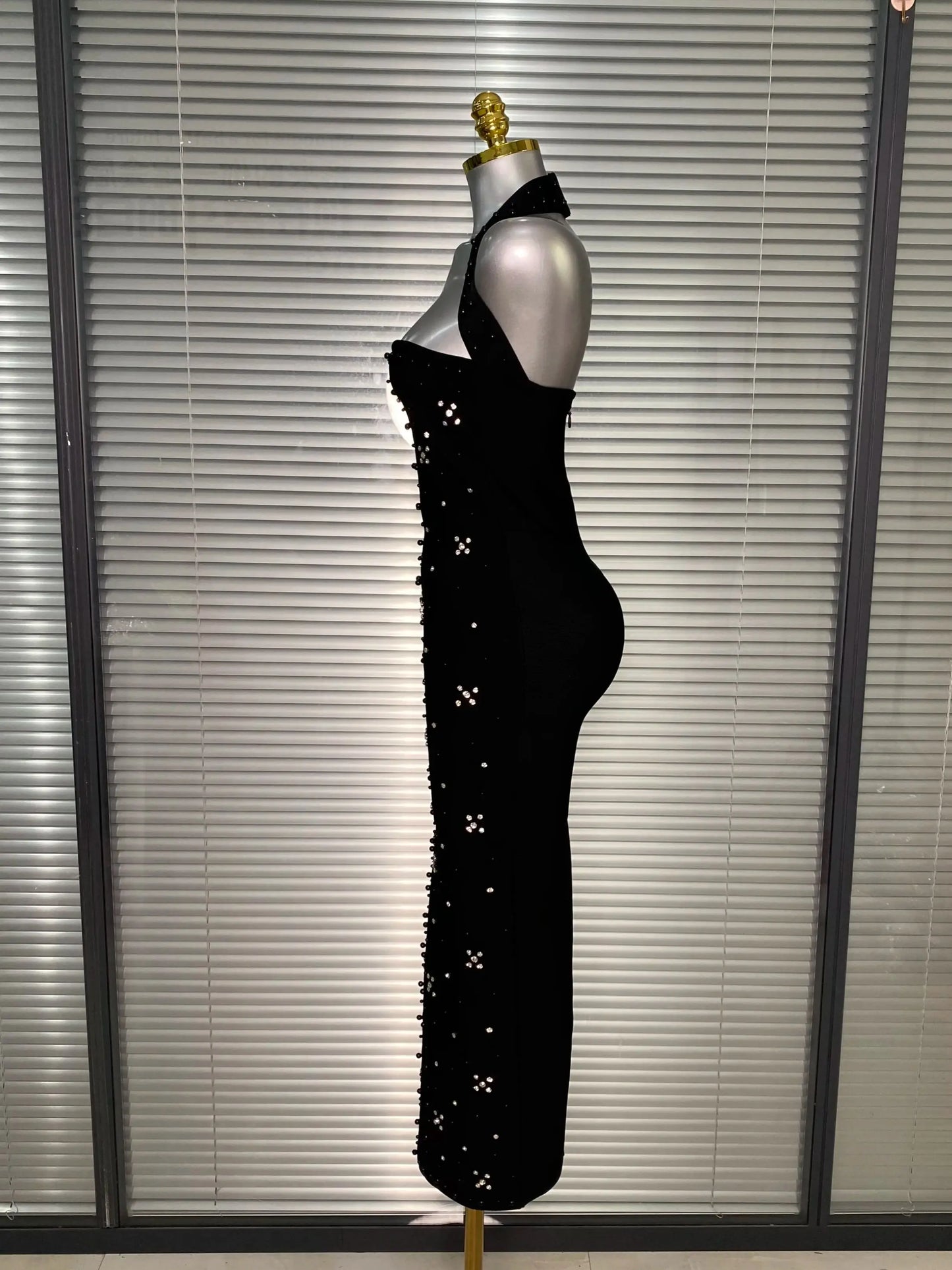 Halter Long Crystal Beaded Bandage Dress