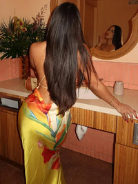 Floral Print Backless Lace-Up Ruched Swing Collar Maxi Dress