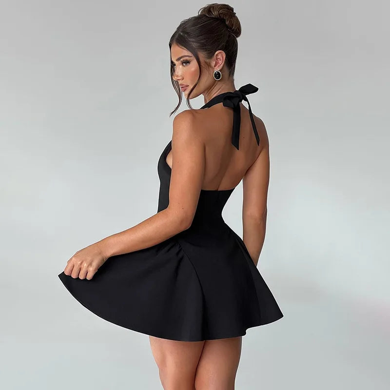 Elegant Halter High Waist A-line Deep V Neck Mini Dress