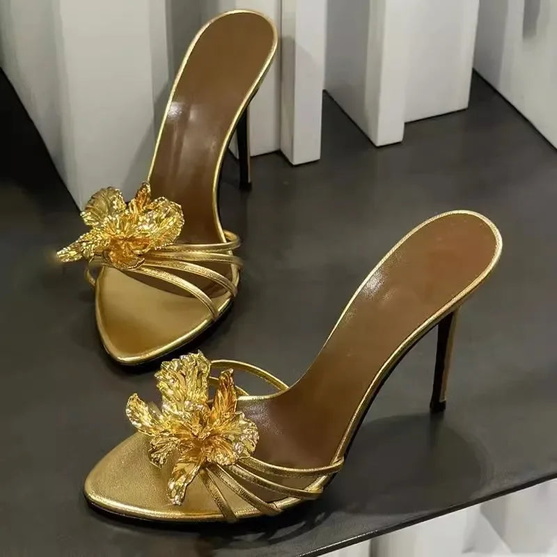 Gold Flower Decor High Heels