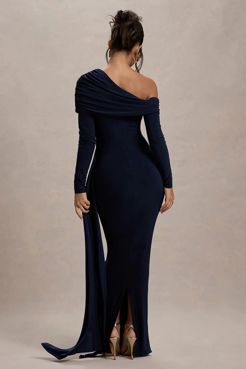 Skew Collar Long Sleeve Sexy Maxi Dress