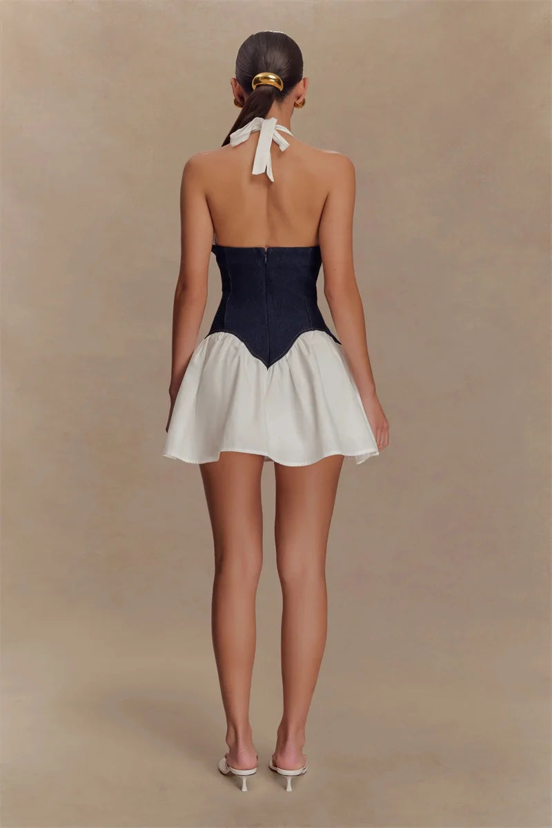 Patchwork Halter Denim Backless Sexy Mini Dress