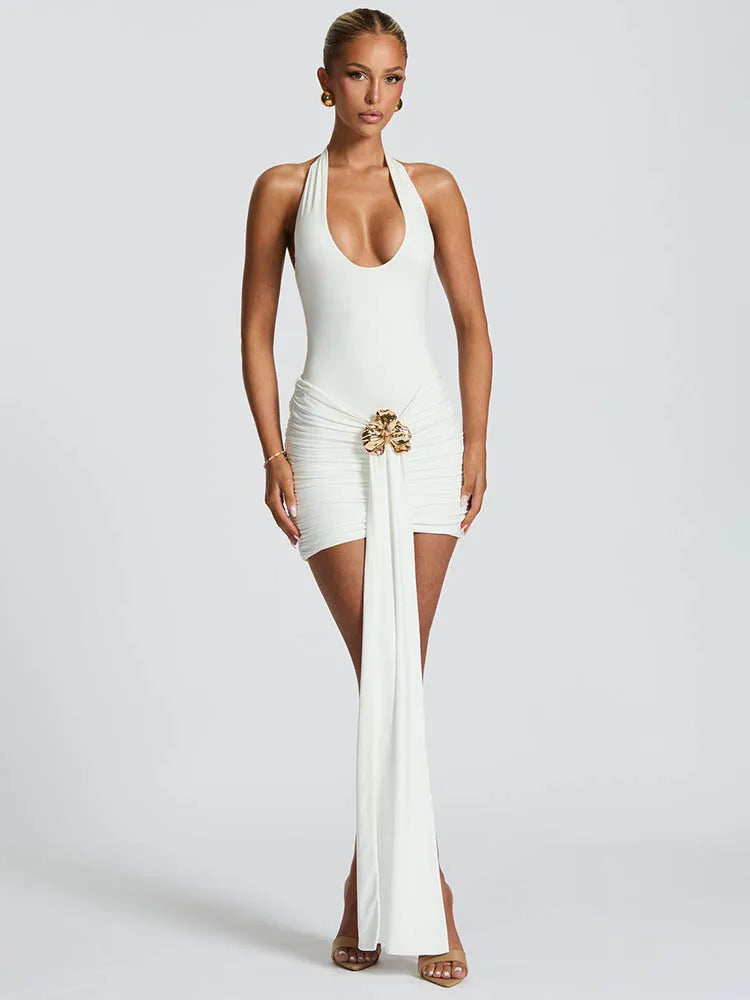 Metal Flower Draped Ruched Sexy Mini Dress