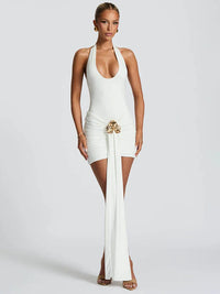 Metal Flower Draped Ruched Sexy Mini Dress