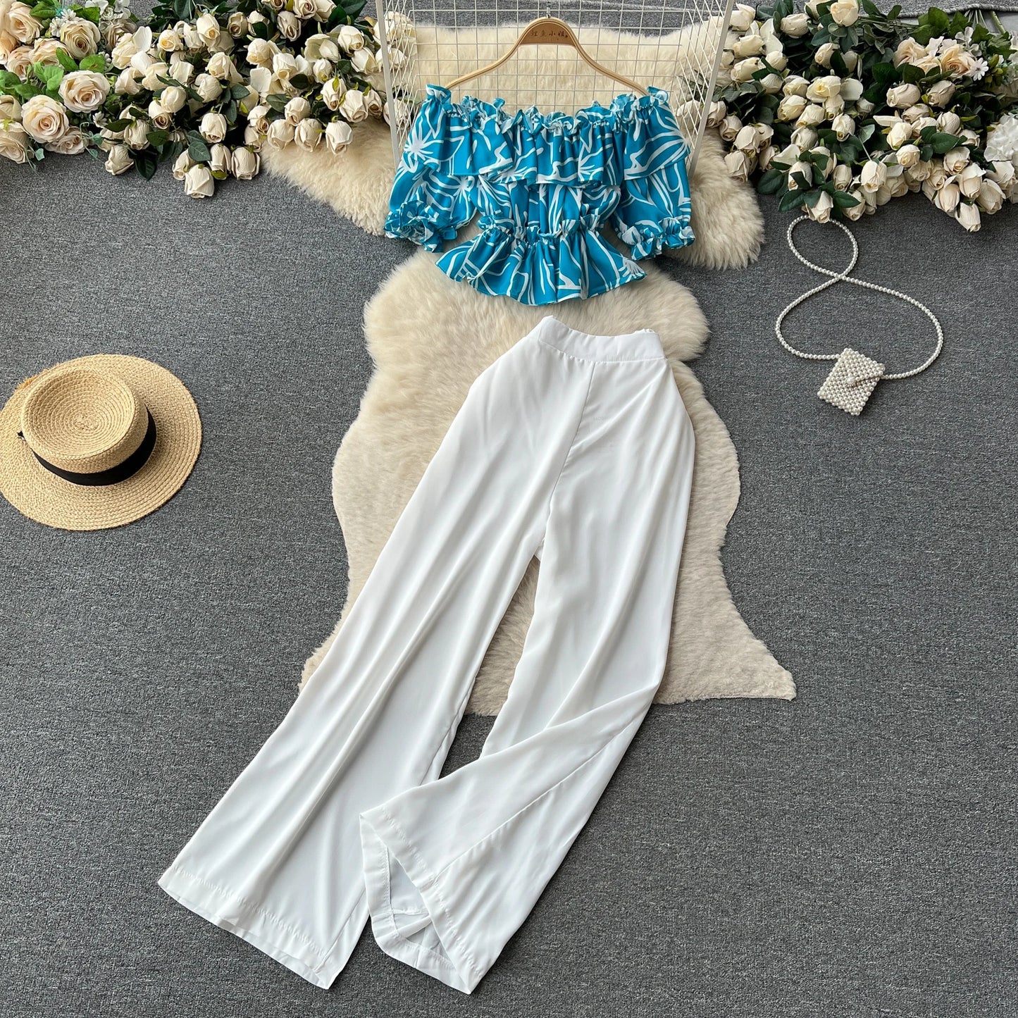 Ruffles Floral Print Elastic Waist Wide Leg Long Pants+Top Set