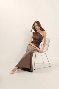 Satin Inclined Shoulder Sexy Maxi Dress