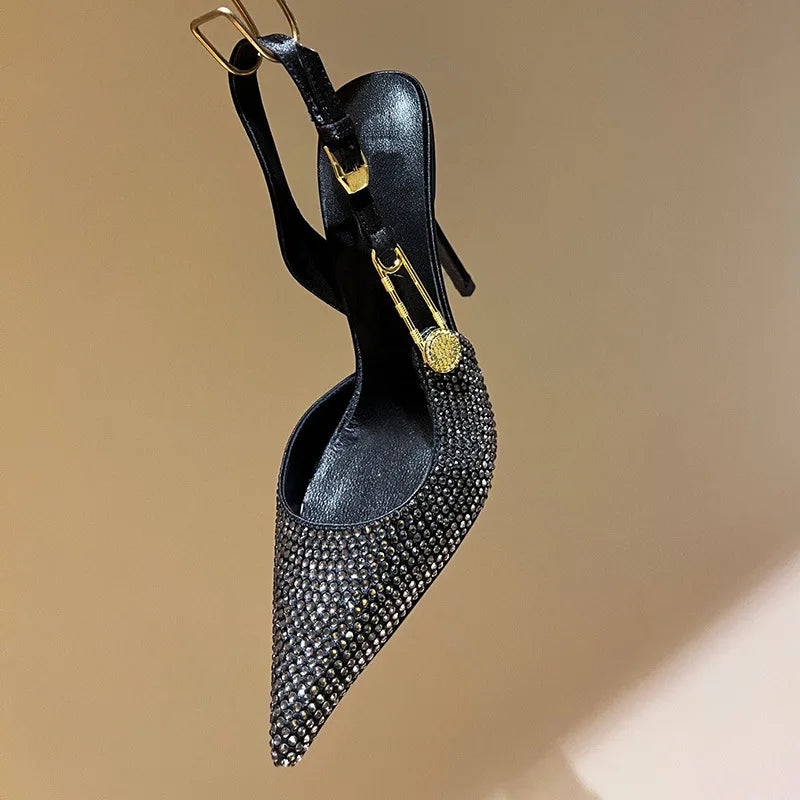 Luxury Rhinestone Sequined Buckle Pointed toe Slingback Stiletto