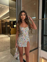 Colorful Diamond Pattern Sequin Slit Mini Dress