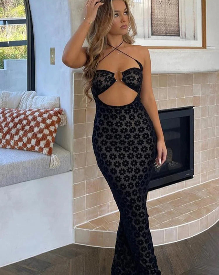 Solid Color Hanging Neck Maxi Dress