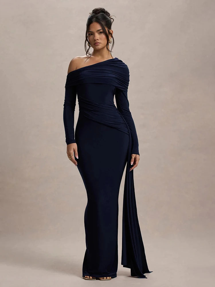 Skew Collar Long Sleeve Sexy Maxi Dress