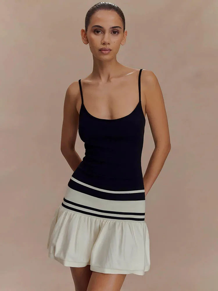 Spaghetti Strap Sleeveless Backless Ruffle Patchwork Mini Dress