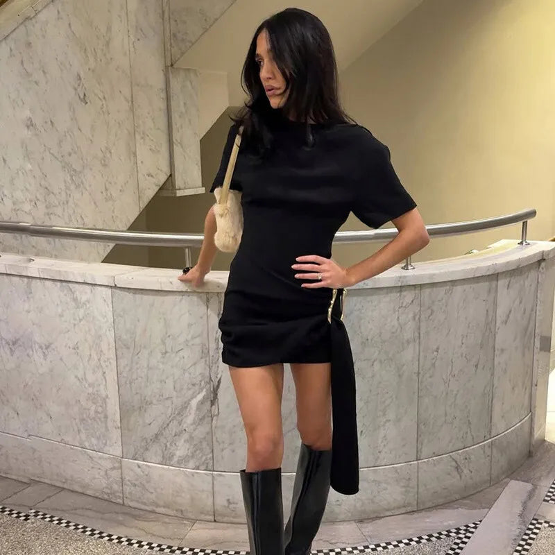 Metal Buckle O Neck High Waist Short Sleeve Mini Dress