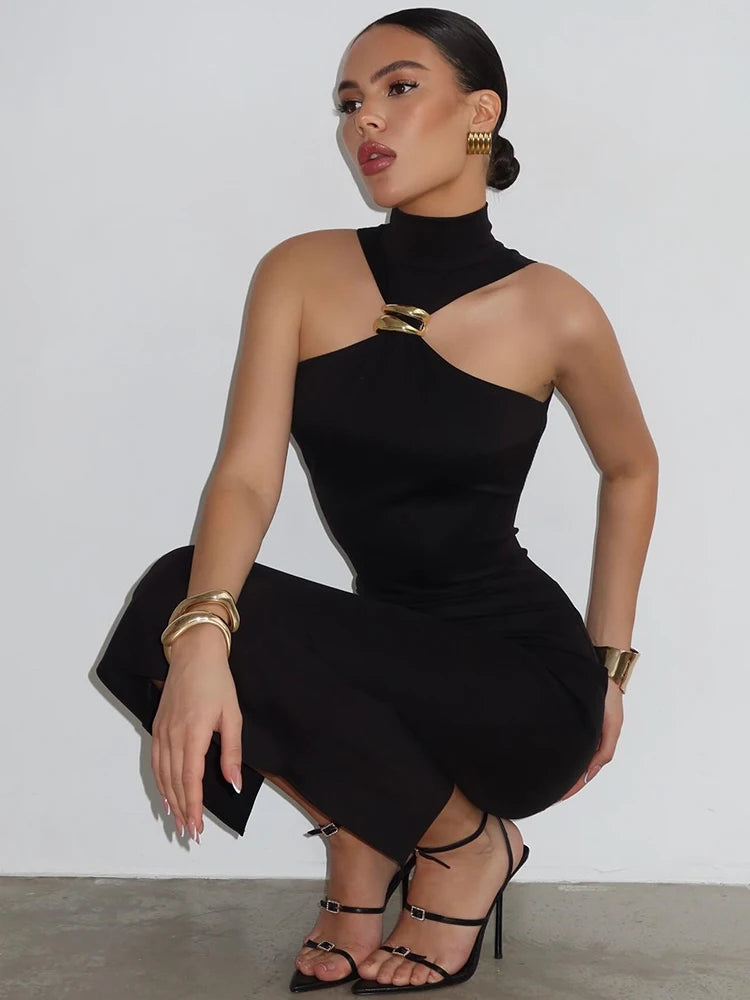 Turtleneck Ring Metal Sleeveless Midi Dress