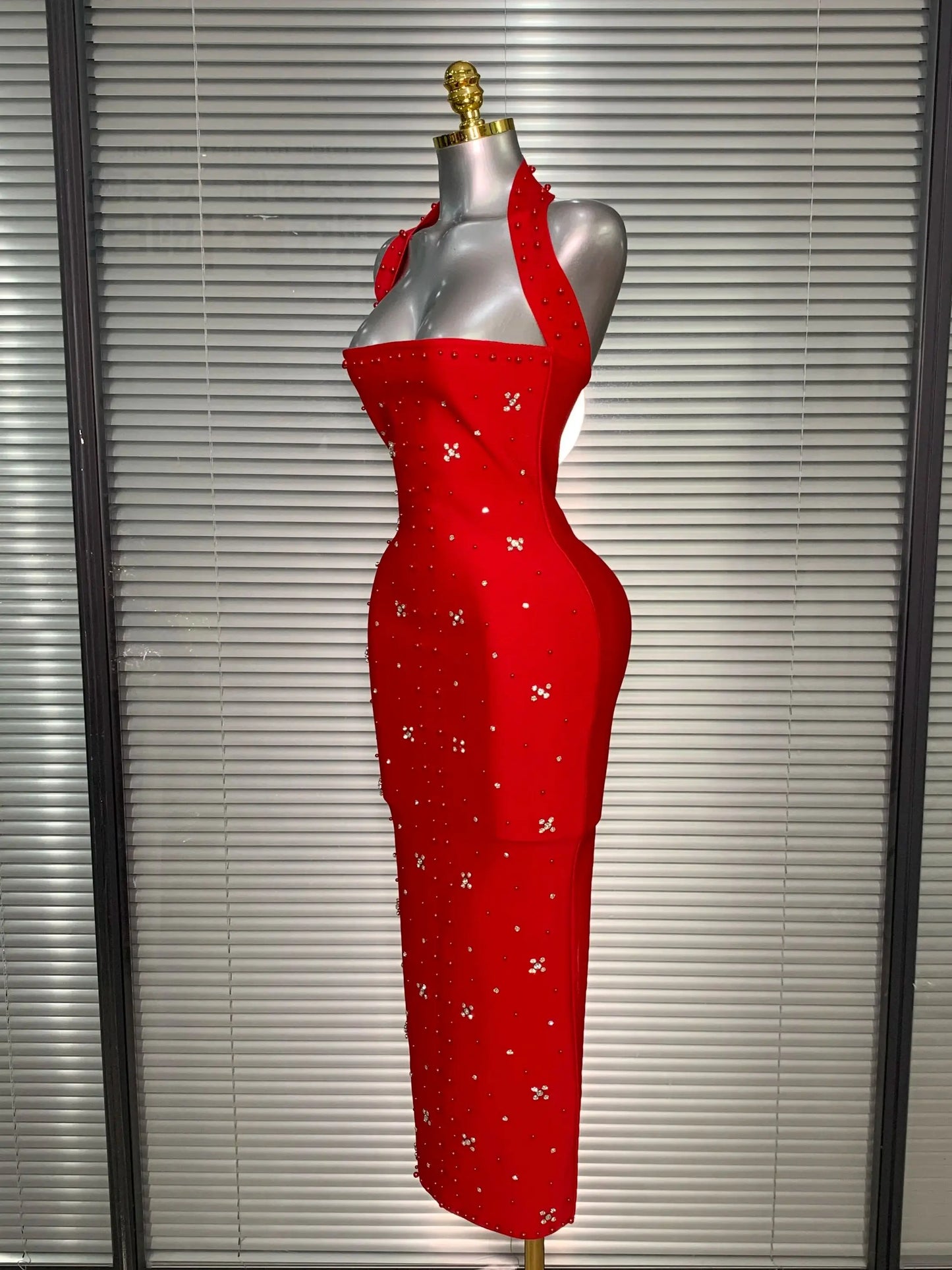 Halter Long Crystal Beaded Bandage Dress