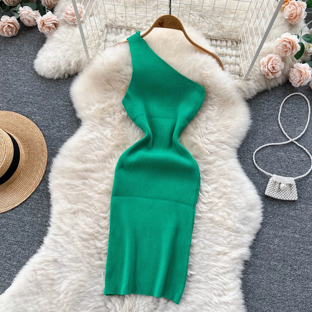 One Shoulder Solid Chic Knitted Mini Dress