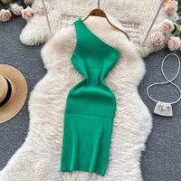 One Shoulder Solid Chic Knitted Mini Dress