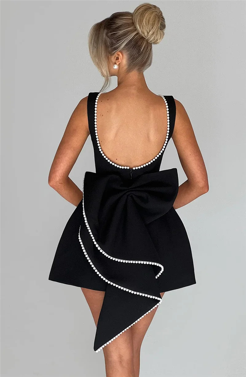 Pearl Bow Backless Sexy Mini Dress