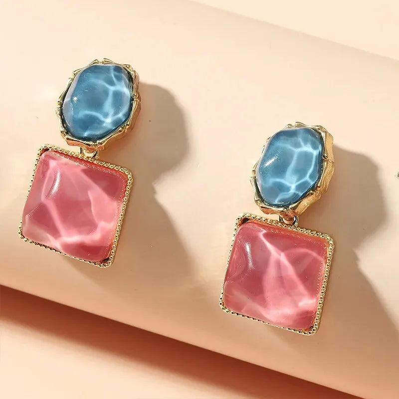 Round Square Crystal Stone Drop Earrings