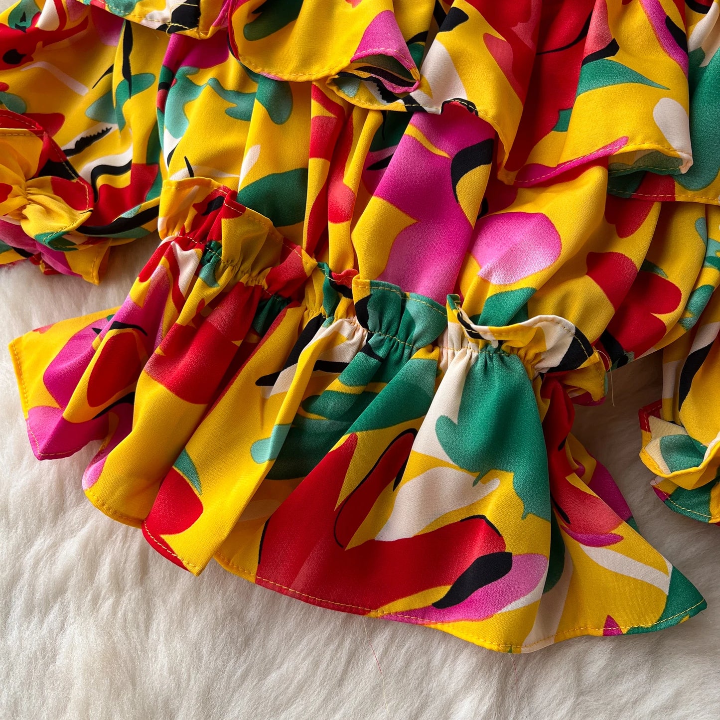 Ruffles Floral Print Elastic Waist Wide Leg Long Pants+Top Set