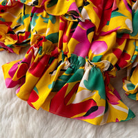 Ruffles Floral Print Elastic Waist Wide Leg Long Pants+Top Set