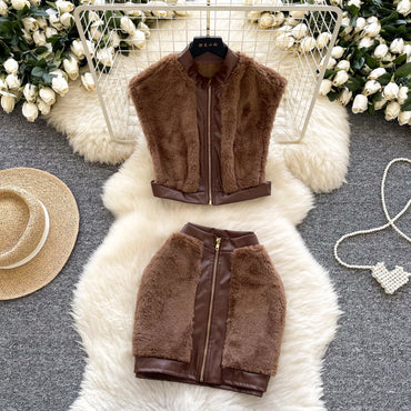 Hotsweet Two Piece Zipper Furry Retro Sets