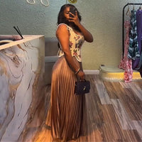 Floral Print Waist-cinching Corset +Pleated Long Skirts Set