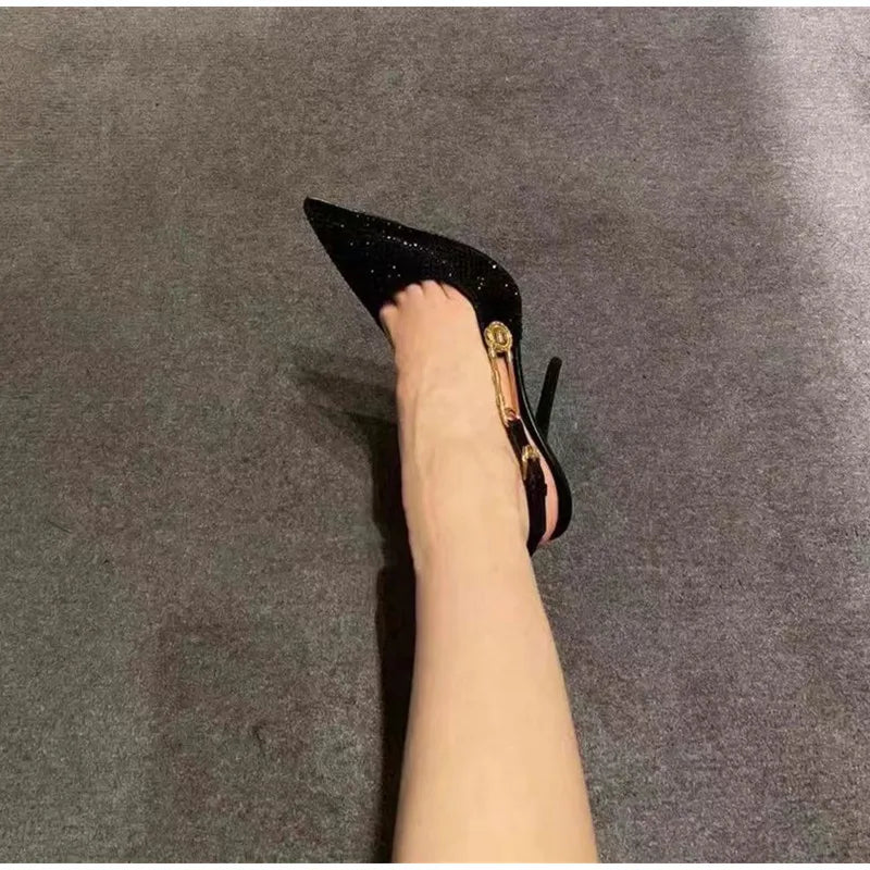 Luxury Rhinestone Sequined Buckle Pointed toe Slingback Stiletto