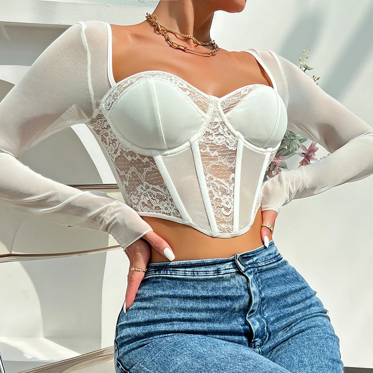 Chic Sexy V Neck Long Sleeve Mesh Crop Top