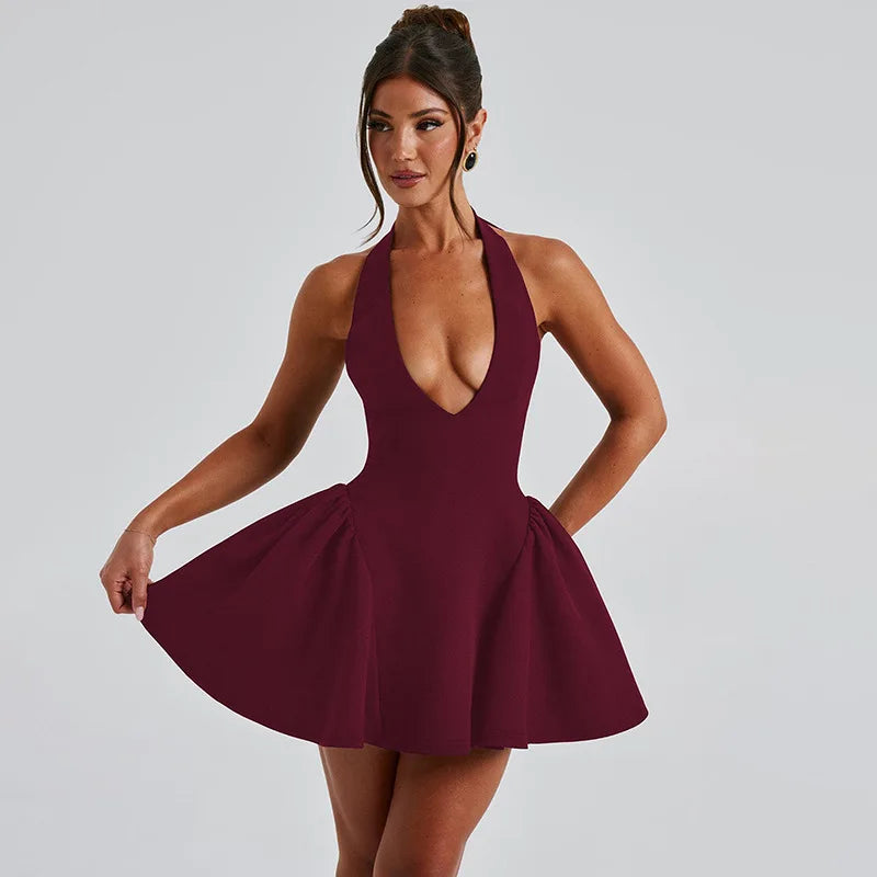 Elegant Halter High Waist A-line Deep V Neck Mini Dress