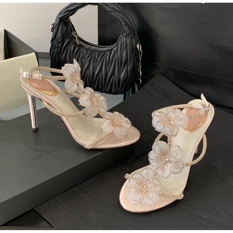 Rhinestones Lace Flowers Decor Heels