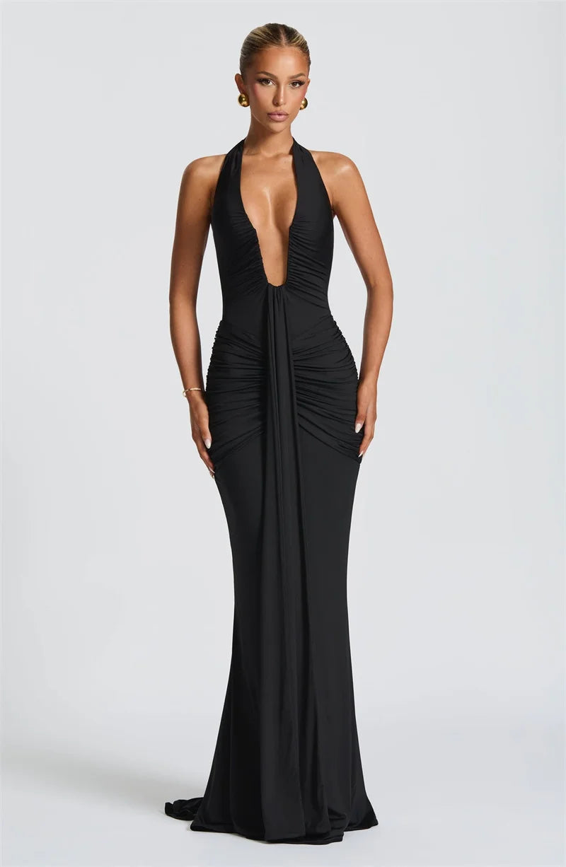 Deep V Neck Draped Ruched Sexy Maxi Dress