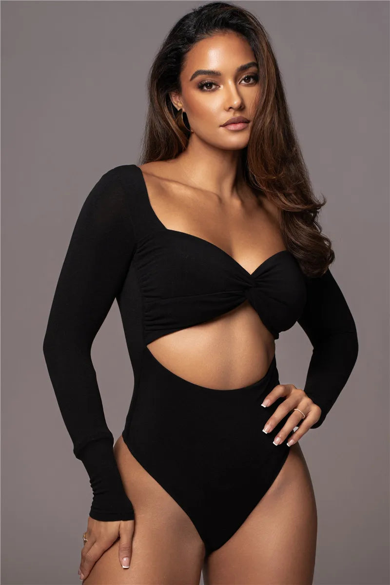 Hollow Out Long Sleeve Square Collar Bodysuit