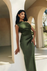 Satin Inclined Shoulder Sexy Maxi Dress