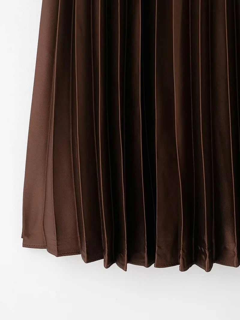 Pleated Long Draped Satin Midi Skirt
