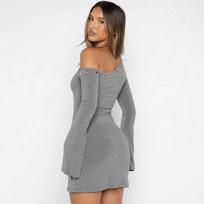 Inclined Shoulder Long Sleeve Sexy Mini Dress