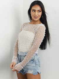 Pearl Mesh See Through Long Sleeve T-shirt