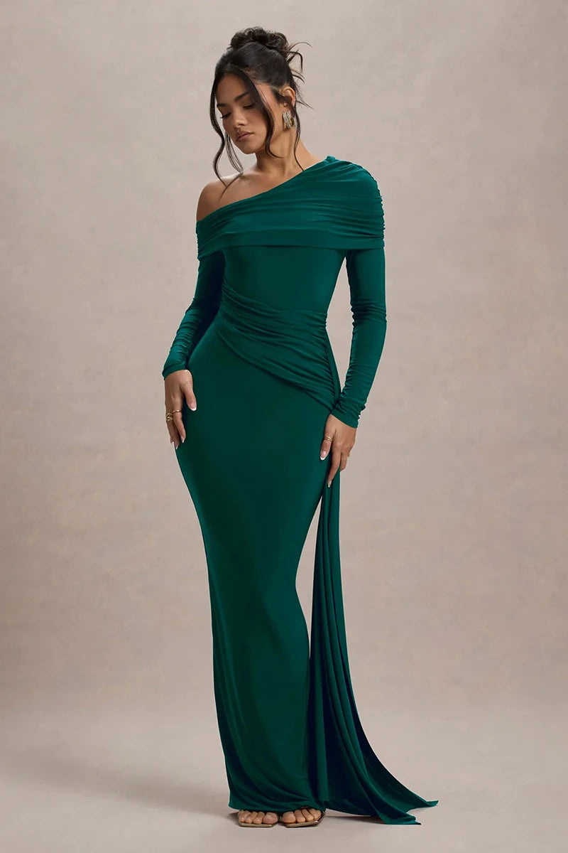 Skew Collar Long Sleeve Sexy Maxi Dress
